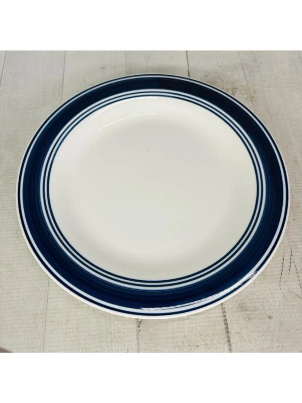 Mainstays CASUAL BANDED ROYAL BLUE Rings Stoneware White Dinner Plates Set of 4